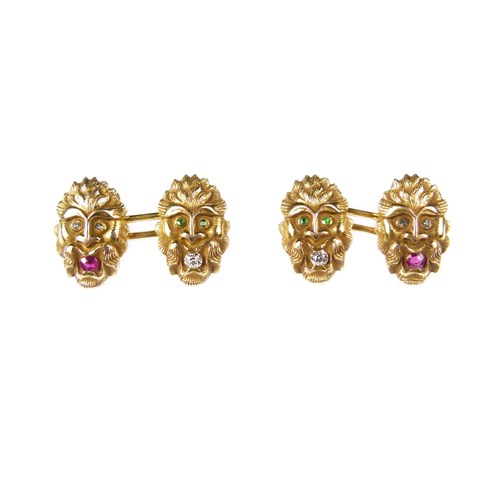 Pair of antique 14ct gold, diamond, ruby and gem mask cufflinks
